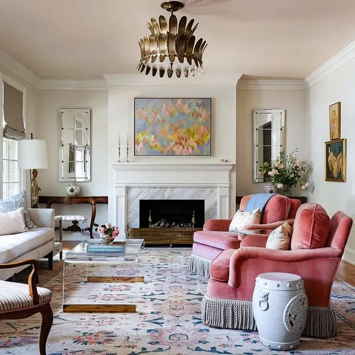 Painting hanging in living room above fireplace