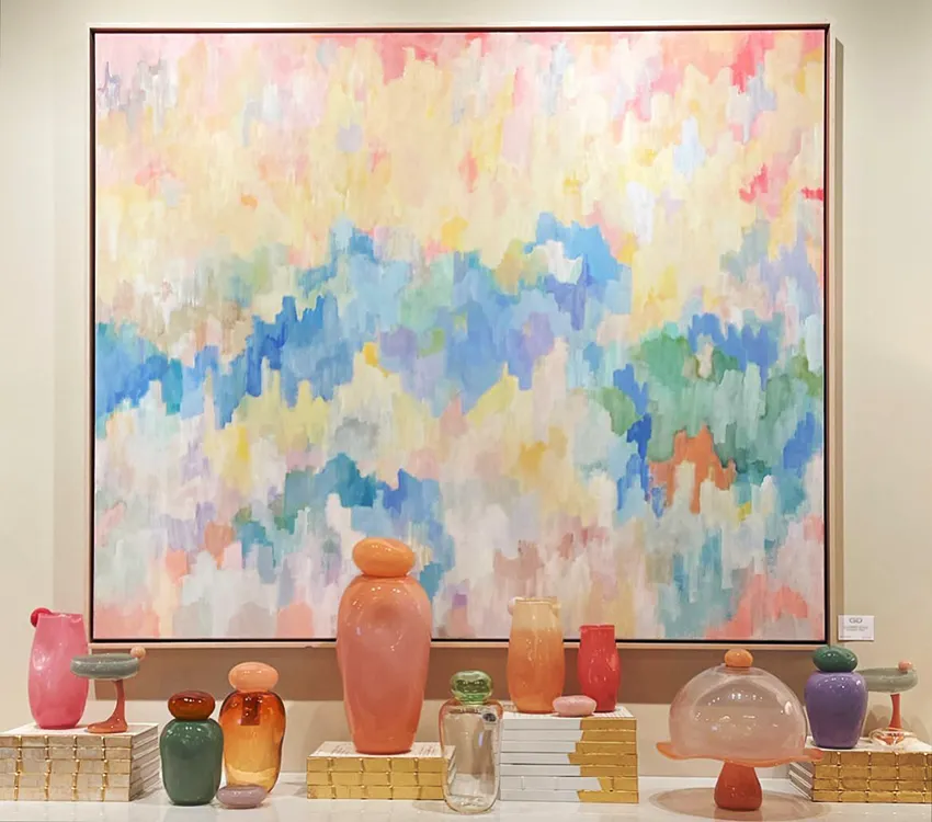 Painting of bright yellows, reds, blues and greens