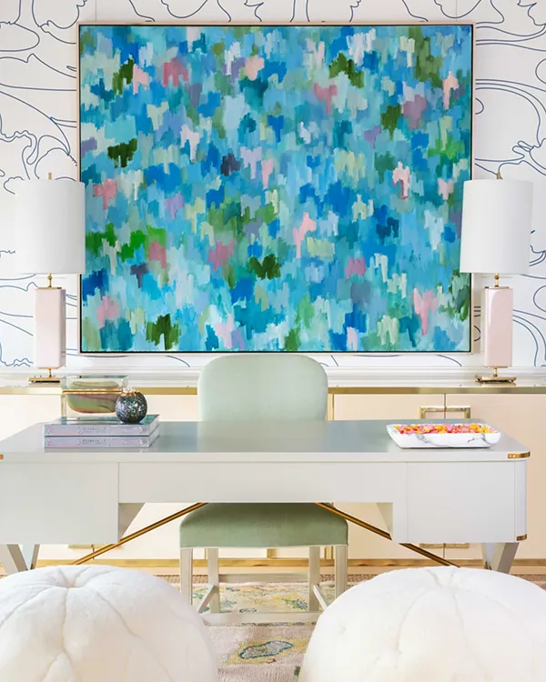 Painting of shades of blues, greens with a touch of pink